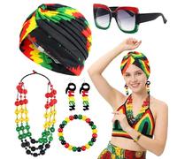 Kyndara Set di 5 accessori per costume reggae da donna, kit giamaicano con occhiali da sole, orecchini, collana e braccialetto, per feste a tema, carnevale, feste in maschera, cosplay