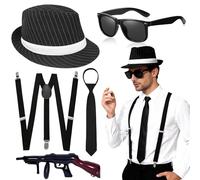 Kyndara Set di 6 costumi da gangster da uomo, kit di accessori per costume anni '20, con cappello a righe, occhiali da sole, cravatta, bretelle, giocattolo gonfiabile per adulti, Halloween, carnevale
