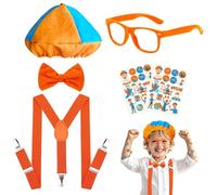 Kyndara Set di 6 costumi da gioco di ruolo per bambini, arancione blu Bli_ppi, accessori per vestire, fingere con strumenti con berretto, cappelli, occhiali, papillon, bretelle, tatuaggio adesivo per