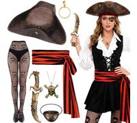 Kyndara Set di 7 costumi da pirata da donna, kit di accessori per costume da pirata con cappello tricorno, calzini, benda per occhi, cintura, collana, orecchini, pugnale, per adulti, feste a tema