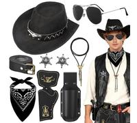 Kyndara Set di accessori da cowboy occidentale, 9 pezzi, da uomo, kit con cappello, collana, occhiali da sole, badge, cintura, bandana, fondina per birra, per carnevale, feste cosplay
