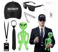 Kyndara Set di accessori per costume da agente, kit da 7 pezzi con cappello, occhiali da sole, cuffie, cravatte, carta d'identità, alieni verdi gonfiabili, per uomini, Halloween, cosplay, feste a tema