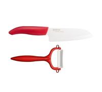 Kyocera Cut & Peel Set, set di coltelli in ceramica composto da lama Santoku da 14 cm e pelapatate, lama in ceramica di zirconia, molata a mano, estremamente affilata, lavabile in lavastoviglie, rossa