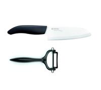 Kyocera Cut & Peel Set, Set di coltelli in Ceramica Composto da Lama Santoku da 14 cm e pelapatate, Lama in Ceramica di Zirconia, molata a Mano, Estremamente affilata, Nera