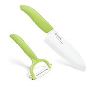 Kyocera Cut & Peel Set, set di coltelli in ceramica composto da un coltello Santoku lama 14 cm e pelapatate, lama in ceramica zirconia, molata a mano, estremamente affilata, verde