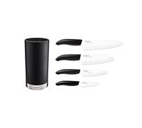Kyocera KB-RD BK 4KN FK EU - Set di coltelli in ceramica con coltello multiuso, coltello universale e coltello Santoku e blocco rotondo per 8 coltelli, lama in ceramica di zirconia, levigata a mano