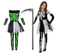 KYOEOE Costume da scheletro ragazza bagliore nel buio con falce, Halloween mietitore triste costume bambini mietitore costume per Halloween carnevale vestire festa