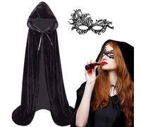 KYOEOE Halloween costume signore mantello nero con maschera set, 140/150/170cm mantello di velluto con cappuccio vampiro Darth medievale per Halloween carnevale feste