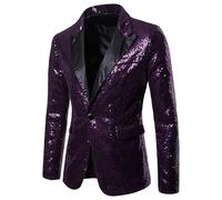 KYOESCAI Giacca da Uomo Slim Fit Blazer Scialle Risvolto Paillettes Giacca da Ballo Un Bottone Casual Cappotto Matrimonio Ballo Smoking,Viola,M
