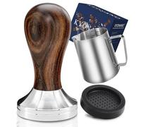 KYONANO Espresso Tamper 51 mm, Caffè Tamper in acciaio inox di alta qualità e manico in vero legno, Barista Tamper con tappetino per tamper, bricco per latte [350 ml]