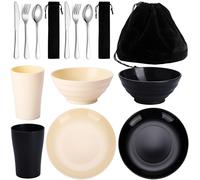 Kyraton set di posate da campeggio da 12 pezzi, bicchieri, piatti e ciotole in plastica e posate in acciaio inox con borsa nera, adatto per 2 persona in campeggio, lavabile in lavastoviglie