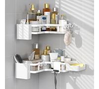 Kysen - Set di 2 mensole angolari per doccia, senza forature, autoadesive, con 5 ganci e 2 supporti per dentifricio, per bagno, cucina, antiruggine e impermeabile