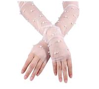 KYSUN Guanti di Pizzo Bianco Guanti Velati Senza Dita con Perle Guanti Lunghi in Tulle a Rete Guanti da Sposa per Donna per il Tea Party dell'Opera di Nozze