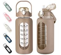 kytffu Borraccia in vetro con cannuccia, da 1,8 litri, motivazionale, con custodia in silicone e indicatore del tempo, grande brocca in vetro a prova di perdite, 2 l, per palestra, casa, ufficio,