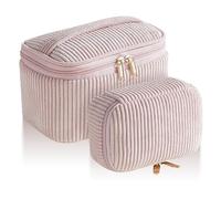 Kytpyi Borsa Cosmetica, Borsa Trucco da Viaggio, 2 Pezzi Moda Velluto a Coste Trousse Trucchi Donna Morbido con Compartimenti, Portatile Pochette Trucchi per Viaggio Data Festa (Striscia Rosa)
