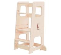 KYWAI® Torre Montessoriana Bambini Premium in Legno, Torretta Montessoriana - Regolabile in Altezza, Doppia Barra di Sicurezza, Azienda Sostenibile Impegnata nella Riforestazione (Legno Naturale)