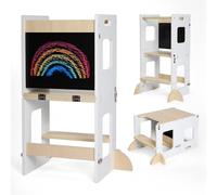 KYWAI® Torre Montessoriana Bambini - Torretta Montessoriana 3 in 1 con Lavagna e Gambe di Sicurezza - Scrivania Pieghevole - Legno Sostenibile - Design Educativo Robusto e Funzionale