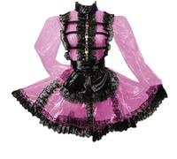 KYXSPINWARDPV Abiti da cameriera con cerniera frontale bloccabile con balze in pizzo nero con grembiule collo alto in PVC mini festa uniforme personalizzazione, rosa, S