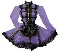 KYXSPINWARDPV Abiti da cameriera con cerniera frontale bloccabile con balze in pizzo nero con grembiule collo alto in PVC mini festa uniforme personalizzazione, viola, 4XL