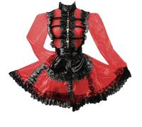 KYXSPINWARDPV Abiti da cameriera con cerniera frontale bloccabile con balze in pizzo nero con grembiule collo alto in PVC mini festa uniforme personalizzazione, rosso, 7XL