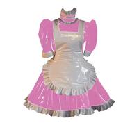 KYXSPINWARDPV Set da cameriera in pelle PVC con cerniera posteriore bloccabile con grembiule a maniche corte collo alto volant Trim Cosplay party costumi personalizzazione, rosa, S