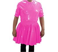 KYXSPINWARDPV Sissy Pieghe In Pelle PVC Mini Abito Wetlook Manica Corta Cosplay Vita Alta Vestidos Personalizzazione, rosa, 3XL