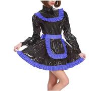 KYXSPINWARDPV Uniformi da cameriera a maniche lunghe in PVC con chiusura a sbuffo e collo alto plissettato a trapezio abiti effetto bagnato Cross-dresser Cosplay Costume personalizzabile, blu reale