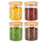 KYYLZ Set di 4 Barattoli Vetro con Coperchio in Bambù, 500ml Barattoli Cucina Ermetici, Cerchi, in Vetro Borosilicato per Sale, Zucchero, Farina, Caffè, Lavabili in Lavastoviglie