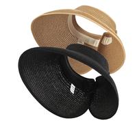 Kyzistn 2 cappelli di paglia da donna pieghevoli con visiera, visiere parasole da donna a tesa larga in paglia coda di cavallo cappello estivo da spiaggia (beige + nero), Beige + nero, 1