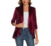 Kyzoeyou Cardigan da donna increspato con maniche a 3/4 in velluto cardigan retrò vintage blazer aperto davanti capispalla giacche casual da donna top, Wr-vino Rosso, S