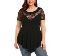 Kyzoeyou XL-5XL - Camicette casual da donna a maniche corte in pizzo semi velato, con scollo rotondo e orlo asimmetrico con volant e orlo a peplo, B-nero, 5XL plus