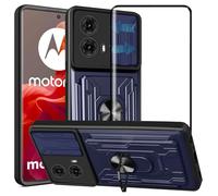 KZIOACSH Cover Compatibile con Motorola Moto G85 + Vetro Temperato[1 Pack],con Slot per Schede e Copertura per Lente Fotocamera Scorrevole,360°Rotante Anello Supporto,Nero.