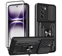 KZIOACSH Cover Compatibile con Oppo Reno 12 PRO + Vetro Temperato[1 Pack],con Slot per Schede e Copertura per Lente Fotocamera Scorrevole,360°Rotante Anello Supporto,Nero