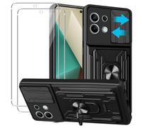 KZIOACSH Cover Compatibile con Xiaomi Redmi Note 13 + Vetro Temperato[2 Pack],con Slot per Schede e Copertura per Lente Fotocamera Scorrevole,360°Rotante Anello Supporto,Nero