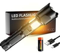 KZK Torcia a LED ricaricabile, 50000 lumen, estremamente luminosa, con luce da lavoro COB a 360°, IP67, impermeabile, 7 modalità, forte lampada da campeggio per campeggio, pesca, emergenza all'aperto