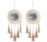 Kznifmk 2 x specchio da parete appeso specchio da parete con frangia di perline di legno fatto a mano decorazione rotonda Boho specchio antico