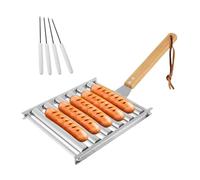Kznifmk Hot Dog Roller è in acciaio inossidabile con supporto per salsicce. È dotato di un manico in legno ed è adatto per grigliare gli Hot-Dogs in modo uniforme su un barbecue.