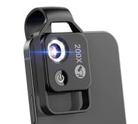Kznifmk Mini Microscopio Palmare per Telefono 200X con Luce LED/Clip Universale, Fotocamera Microscopio Digitale Portatile (Nero, con CPL)