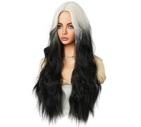 Kznifmk Parrucca da con capelli lunghi ricci e dritta al centro frangia ondulata in fibra bianca nera sfumata, 70 cm