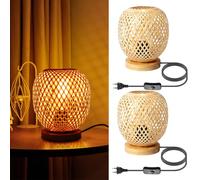 KZT 2 pezzi Lampada da tavolo in bambù e legno con spina e interruttore E27 Retro lampada da lettura intrecciato Stile paralume in bambù Lanterna luce notturna per camera da letto soggiorno Studio