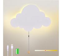 KZT Lampada da parete a LED con interruttore a tirante nuvola, lampada da parete a batteria USB, ricaricabile, 3 colori, luce notturna regolabile, per cameretta dei bambini, camera da letto, asilo, 22