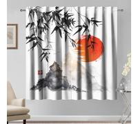 Kzzfqxb 117x138cm Tende cinesi con pittura a 2 pannelli, Drappeggiate con disegno di paesaggio con montagne e alba in bambù, Decorazioni d'arte orientale per soggiorno e camera da letto