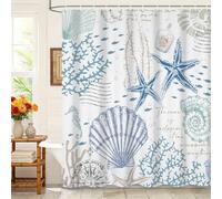Kzzfqxb 180x180cm Tende da doccia per bambini impermeabili con stelle marine conchiglie coralli mondo sottomarino, tessuto in poliestere con ganci in plastica, decorazione bianca e blu per il bagno