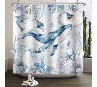 Kzzfqxb 180x180cm Tende da doccia per bambini Vita marina Balene blu Manta Stelle marine Coralli Mondo sottomarino, Tessuto in poliestere impermeabile con ganci, Decorazione blu per vasca da bagno