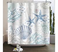 Kzzfqxb 180x200cm Tende da doccia per bambini impermeabili con stelle marine conchiglie coralli mondo sottomarino, tessuto in poliestere con ganci in plastica, decorazione bianca e blu per il bagno