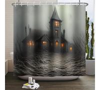 Kzzfqxb Tende da doccia 178x183cm con ganci, Halloween notte oscura casa infestata strada filamentosa spettrale impermeabile tessuto in poliestere per vasca, Decorazione festa dell'orrore per bagno