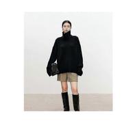(L,black)Turtleneck Pure Cashmere Sweater Female Loose And Thick Languid Lazy Wind Pullover Sweater Knitting Base Wool Sweater