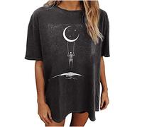 Summer Skull Tops for Women Oversized Y2k Short Sleeve Crewneck T-Shirt Moon Print Drop Shoulder Loose Tees, crema, Taglia unica