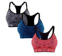 L&K-II Confezione da 3 reggiseno sportivo da donna senza ferretto, imbottito, forte tenuta regolabile, push up, corsa, jogging, yoga, Confezione da 3 pezzi, nero+blu marino+arancione, L/XL