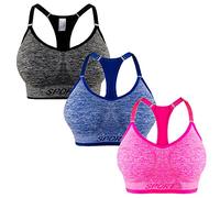 L&K-II Confezione da 3 reggiseno sportivo da donna senza ferretto, imbottito, forte tenuta regolabile, push up, corsa, jogging, yoga, Confezione da 3 pezzi, grigio+blu+rosa, S-M